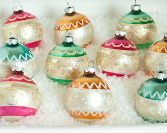 Vintage Multi-Colored Shiny Brite Christmas Ornaments with Box, Shinybrite Glitter Ornaments Set of 10