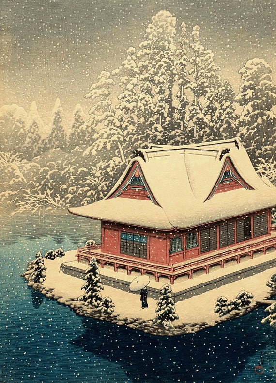 Japanese snow art prints pagodas temples Shrine of Benten