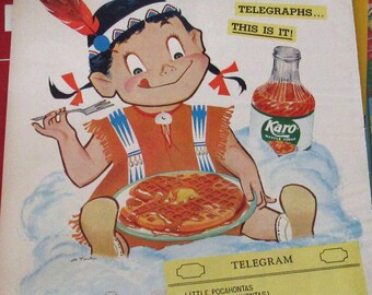 VIntage Karo Syrup Ad, Pocahontas, Waffles, 1955