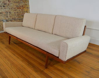 Mel Smilow Walnut Frame Mid Century Sofa with New Maharam Cobblestone Wool Upholstery