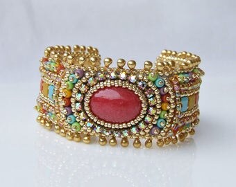 Beading Tutorial, Bead Embroidery Bracelet, Colorful Cuff Bracelet, Beading Pattern, Summer Bracelet, Colorful Beaded Bracelet, How To Make