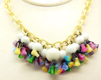 Antique Colorful Art Deco Czech Glass Flower Dangle Necklace, Celluloid Chain