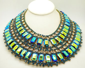 Huge Czech Glass Husar D. Mirrored Green Glass Egyptian Style Bib Necklace