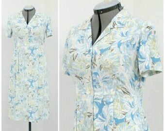 Vintage 90s Eddie Bauer White Floral Dress, Midi Dress, Shirt Dress, Spring Dress, Summer Dress, Casual Dress, Short Sleeve Dress