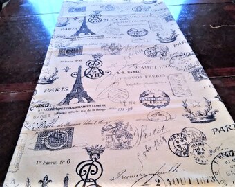 Table Runner, Script Table Linen, French Eiffel Tower, Navy Blue Table Cloth/Scarf, French, Banquet, 14''x72'' Buffet Runner, Dresser Scarf