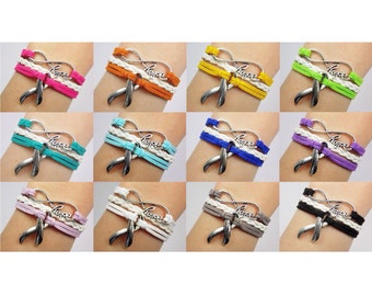 Hope Infinity Cancer Awareness Ribbon Bracelet: Assorted Colors (Send message for multiple/bulk) -- Adjustable Leather Soft Suede Bracelet