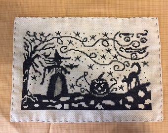 Primitive Halloween Witch completed counted cross stitch