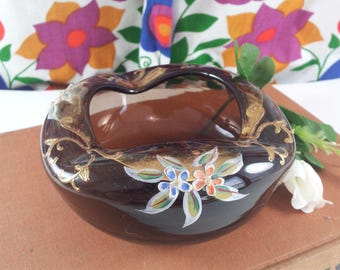 Bohemian Chocolate Glass Ashtray Enameled Flower Decoration