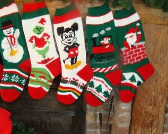 Knitted Christmas Stockings with Mouse, Santa on Train, Santa in Chimney