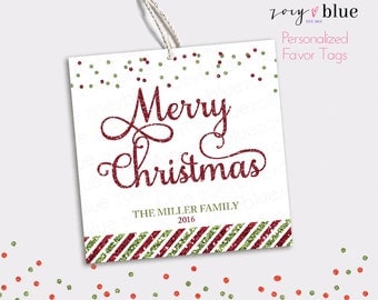 Christmas Gift Tags - Personalized Christmas Hang Tags - Red Green Glitter Confetti Merry Christmas Gift Tags - Printable Digital File