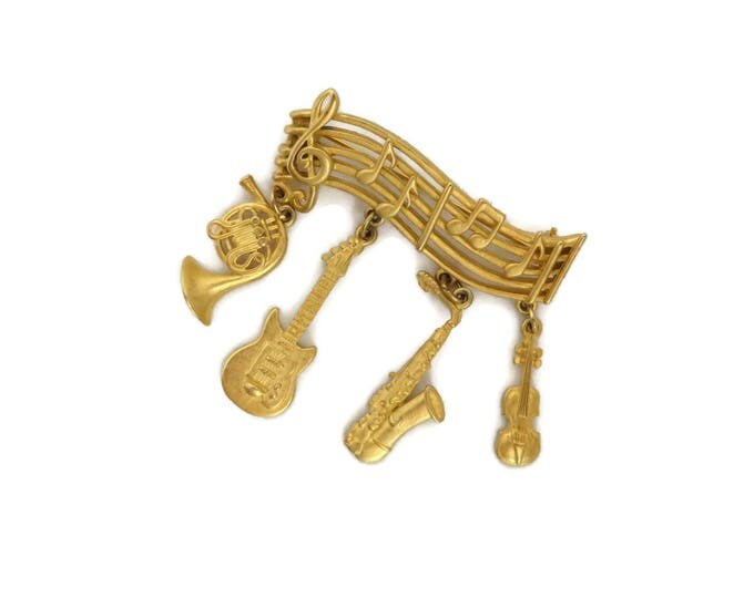 JJ Musical Bar Brooch, Vintage Gold Tone Musical Bar Dangling Charms Pin, Gift for Her