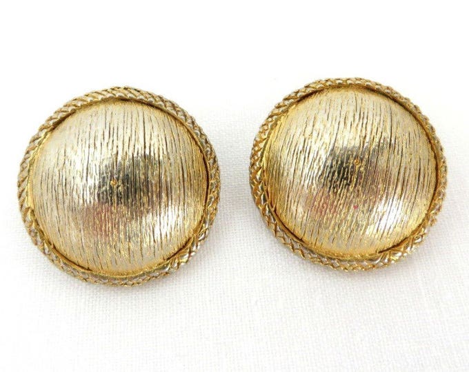 Hattie Carnegie Button Earrings Vintage Gold Tone Textured Clip-ons, Round Braided Signed Designer Earrings
