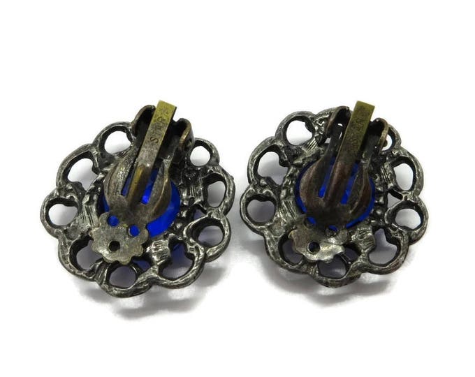 Blue Rhinestone Earrings, Signed Designer Flower Clip-ons, Vintage Star Jewelry, Valentine's Day Gift