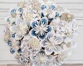 Paper Flower wedding bouquet origami kusudama rose vintage paper lace brooches Wedgwood blue cornflower baby sky ivory sheet music classic