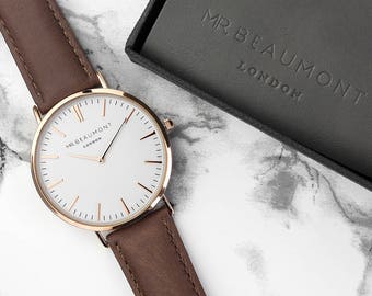 Men's Modern-Vintage Personalised Leather Watch In Brown- San Serif - Men's Watch - Gift for Dad - Father's Day - Wedding - FREE UK DELIVERY