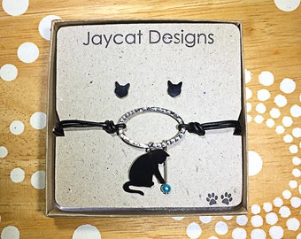 Cat Jewelry Gift Set, Black Cat Bracelet and Cat Earrings Set, Cat Silhouette Jewelry Gift Set, Bracelet and Earrings Set