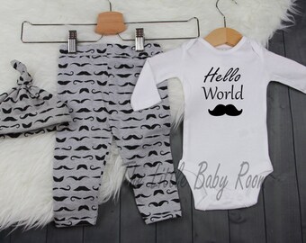 Hello World Mustache,Baby Boy Coming Go Home Outfit,Mustache,Personalize Onesie,Baby Boy Gift,Newborn Leggings,Baby Hat,Leggings,Boys Shirt
