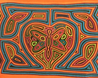 Vintage Handmade Panamanian Kuna Mola, Indian Applique "Butterfly Heart" Wall Art Unframed