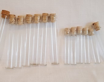 ANTIQUE GLASS VIALS, with new corks, 13 in 4 sizes.