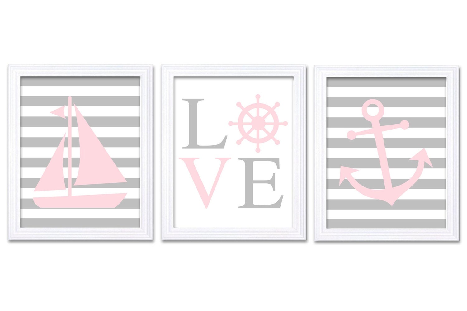 Pale Pink Gray Grey Nautical Nursery Art LOVE Set of 3 Prints Stripe Child Art Kids Room Wall Art Ba