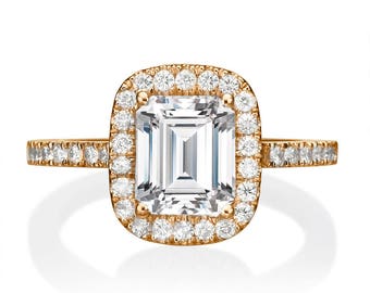 Sale! Moissanite Emerald Cut Engagement Ring Forever One 7x5MM 1.01CT DEW VVS 14K Rose Gold Micro Pave
