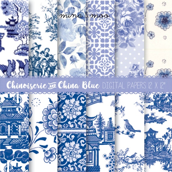Blue China pattern wallpaper Chinoiserie digital paper Blue
