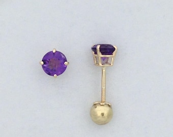 Natural Amethyst Earrings Solid 14kt Yellow Gold Screwback For Baby Children