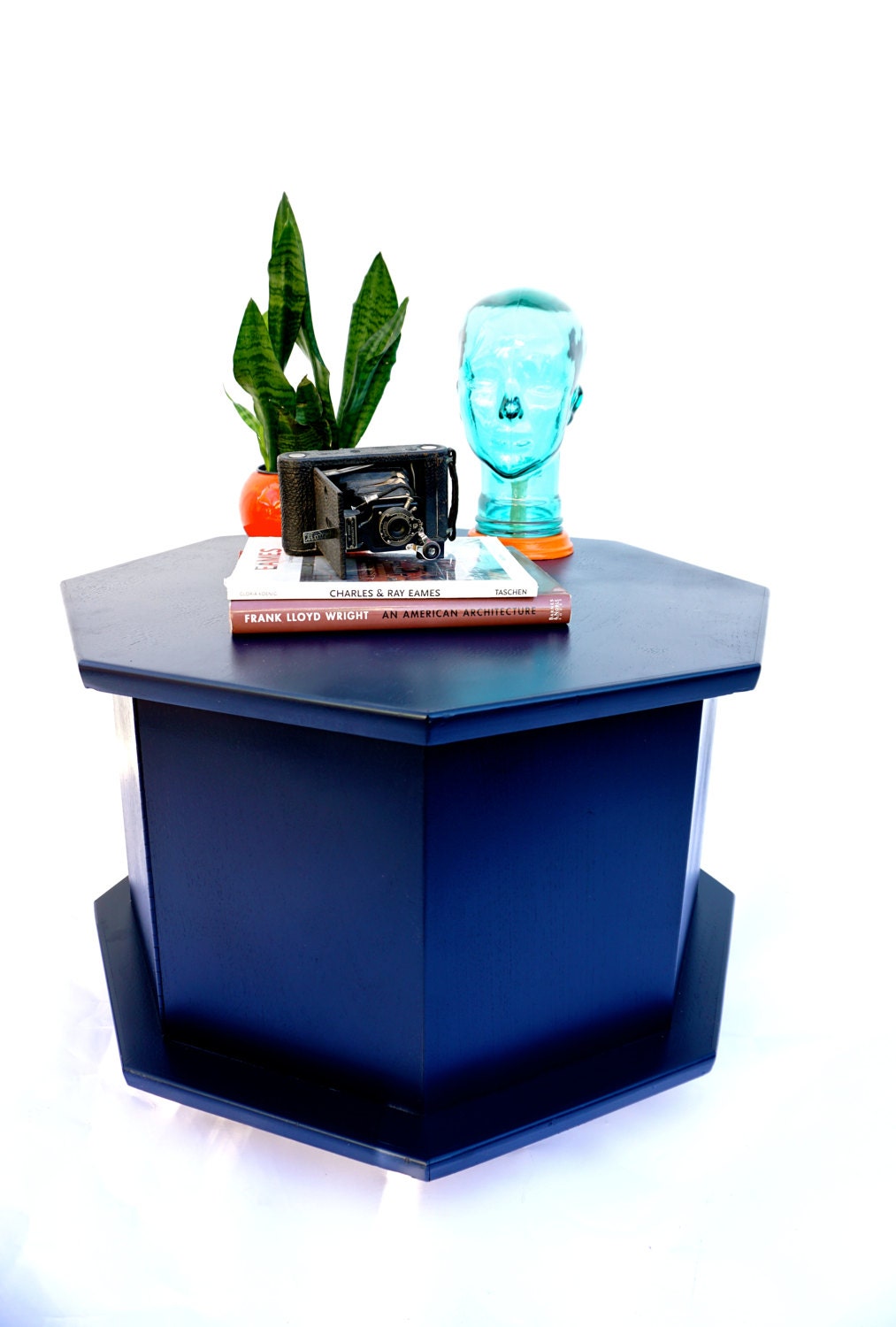 MidCentury Navy Octagon Side Table Solid Walnut