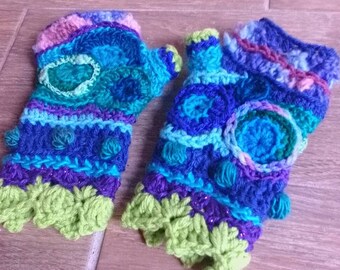 Deep blue sea freeform fingerless gloves arm warmers