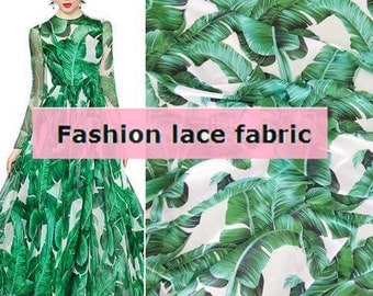 Green banana leaves style, chiffon fabric, Maxi skirt fabric,Printed leaves fabric by 1m-FSAB- 59"(150 cm) Wide