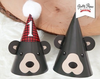 Black Bear 1st Birthday Party Hats // INSTANT DOWNLOAD // Lumberjack Birthday Party // Buffalo Plaid // Baby Bear Hat // Printable BP09