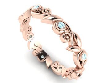 Aquamarine Wedding Band, Leaves and Vine Wedding Ring