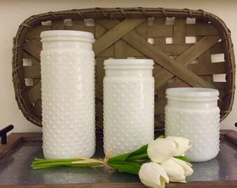 White Hobnail Milk Glass Jars- Farmhouse Style