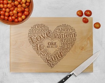 Cutting Board Wedding Gift - Love is patient Love is kind - Heart Personalized Cutting Board