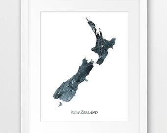 New Zealand Map Print, New Zealand Poster, New Zealand Wall Art, New Zealand Watercolor Blue Grey Indigo, Home Decor, Travel Printable Art