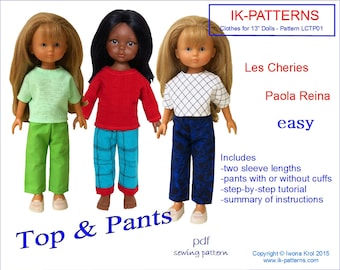 13 inch doll clothes pdf patterns TOP PANTS Les Cheries Paola Reina poupee patron simple easy to sew for beginners download print