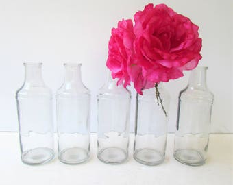 Vintage Clear Glass Bottles - Simple Clean Lines - 5 Bottles - Bottle Vases -
