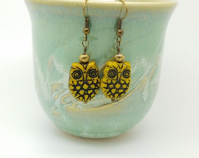 Boho yellow owl earrings, yellow ceramic owl earrings, ceramic owl earrings, ceramic owl jewelry, owl jewelry