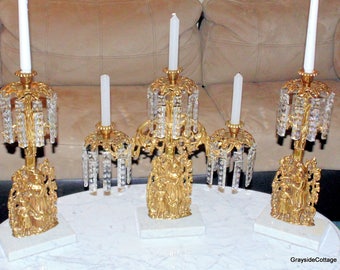 Gilded Mantel Girandole Matched Set of 3. Marble Bases c1800's France All Original 50 Crystal Prisms Antique Candelabra Candlestick Holders