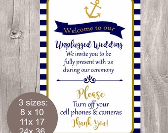 Nautical Wedding Sign, Unplugged Wedding Sign, Printable Unplugged Ceremony Sign, Nautical Wedding Sign, Navy and Gold Anchor Ceremony Sign