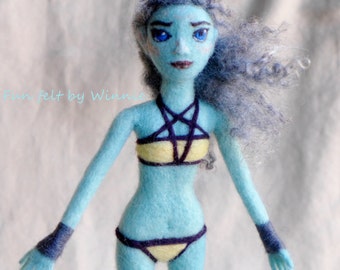 Needle felted blue art doll OOAK handmade wool sculpture
