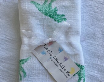 Dino - Natural Cotton - Baby Blanket - Swaddle Blanket - Green - Cotton - Hand Stamped - Vintage Inspired - You Pick Color