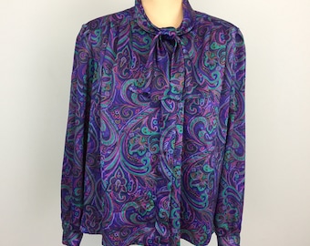 Long Sleeve Blouse with Bow Tie Purple Paisley Petite 14 Neck Tie Secretary Blouse Koret Womens Office Clothing Large Petite Womens Clothing