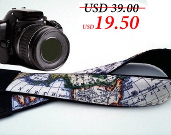 Map Camera Strap. World map: Australia, North America, Africa. Black DSLR Camera Strap. Camera accessories. Personalized gift by InTePro