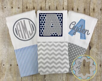 Baby Boy Gift Set - set of 3 personalized, monogrammed burp cloths - baby gift - baby shower gift, gray and blue