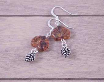 Acorn Dangle Earrings - Leaf Earrings - Gift for Her - Fall Jewelry - Acorn Leaf Earrings - Brown Beaded Jewelry - Handmade
