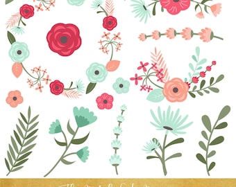 Floral Clipart Set - Aqua Pink Wreaths & Flowers - INSTANT DOWNLOAD - 36 .PNG Files