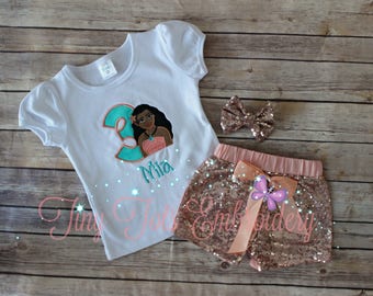 Moana Birthday Outfit ~ Includes Top, Sequin Shorts and Hair Bow ~ Customize in any colors!