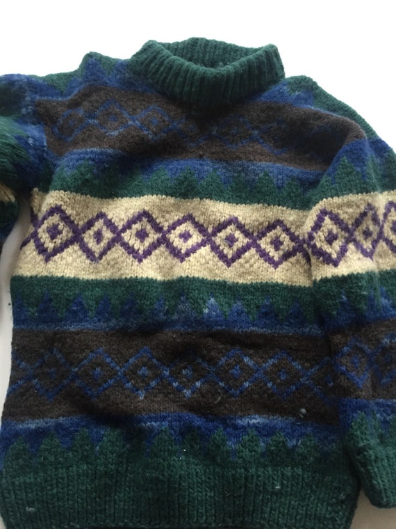 FAIR ISLE Wool Sweater Indian Weavings Green Blue Black