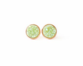 Lime Green Druzy Stud Rose Gold Earring Boho Earrings Faux Druzy Bridesmaid Earrings Gifts for her Bridesmaid Gifts Simple Boho Wedding